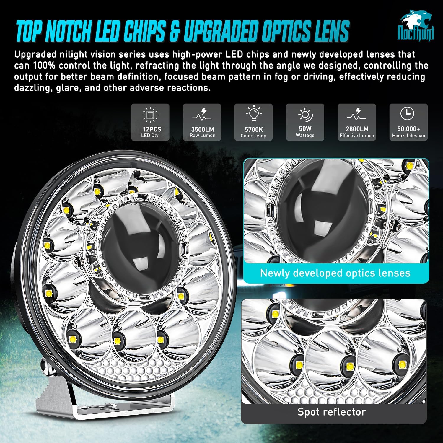 Nilight LED Light Pods 5.75 Inch 12LED Round Offroad Driving Lights 2 PCS night vision Super Bright Spotlights w/16AWG Rocker Switch Wiring Harness Kit for Truck ATV UTV