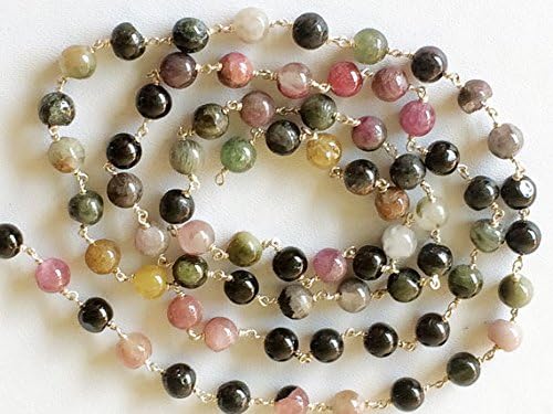 LKBEADS 5 FEET Multi Tourmaline Plain Round Balls Beads in 925 Silver Wire Wrapped Rosary Style Chain