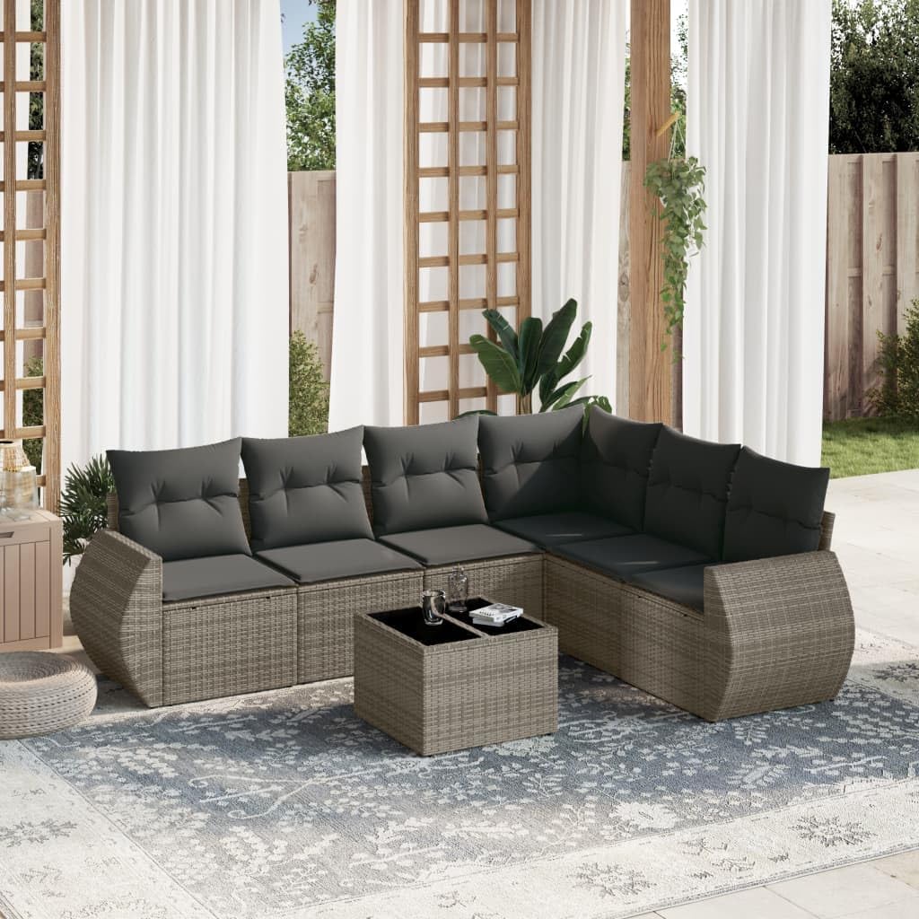 7-Piece Modular Garden Sofa Set, Grey Synthetic Poly Rattan Outdoor Patio Furniture, Weather-Resistant Cushions, Tempered Glass Top Table for 6-7 People