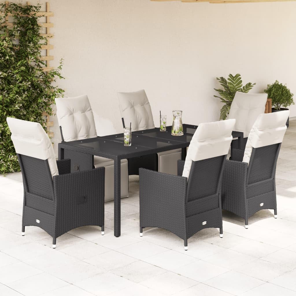 7-Piece Garden Dining Set, Black/Cream White Rattan Patio Furniture with Reclining Chairs, Tempered Glass Table, Outdoor Deck Balcony