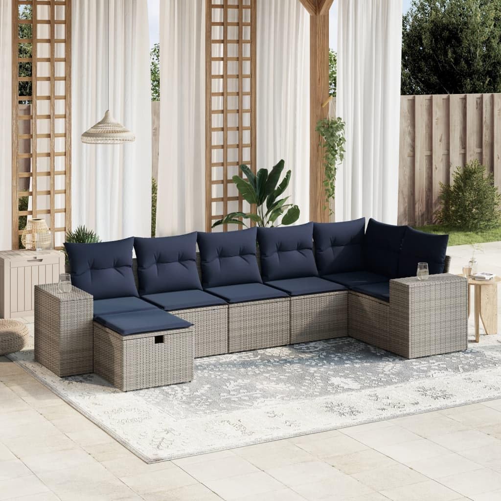 7 Piece Patio Sofa Set with Cushions, Gray Poly Rattan Outdoor Furniture, Modular Design for Backyard Terrace