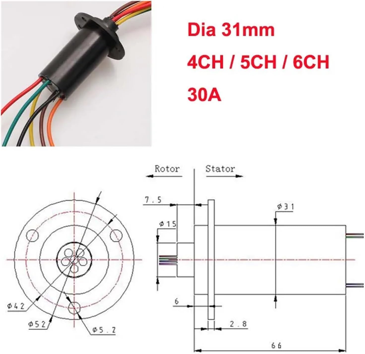 1 Piece high Power 30A Slip Ring 2/3/4/5/6 Channel Wire Brush Collector Slip Ring Wind Power Connector Rotary Joint Diameter 22/31mm(Dia 31mm 6ch 30A)