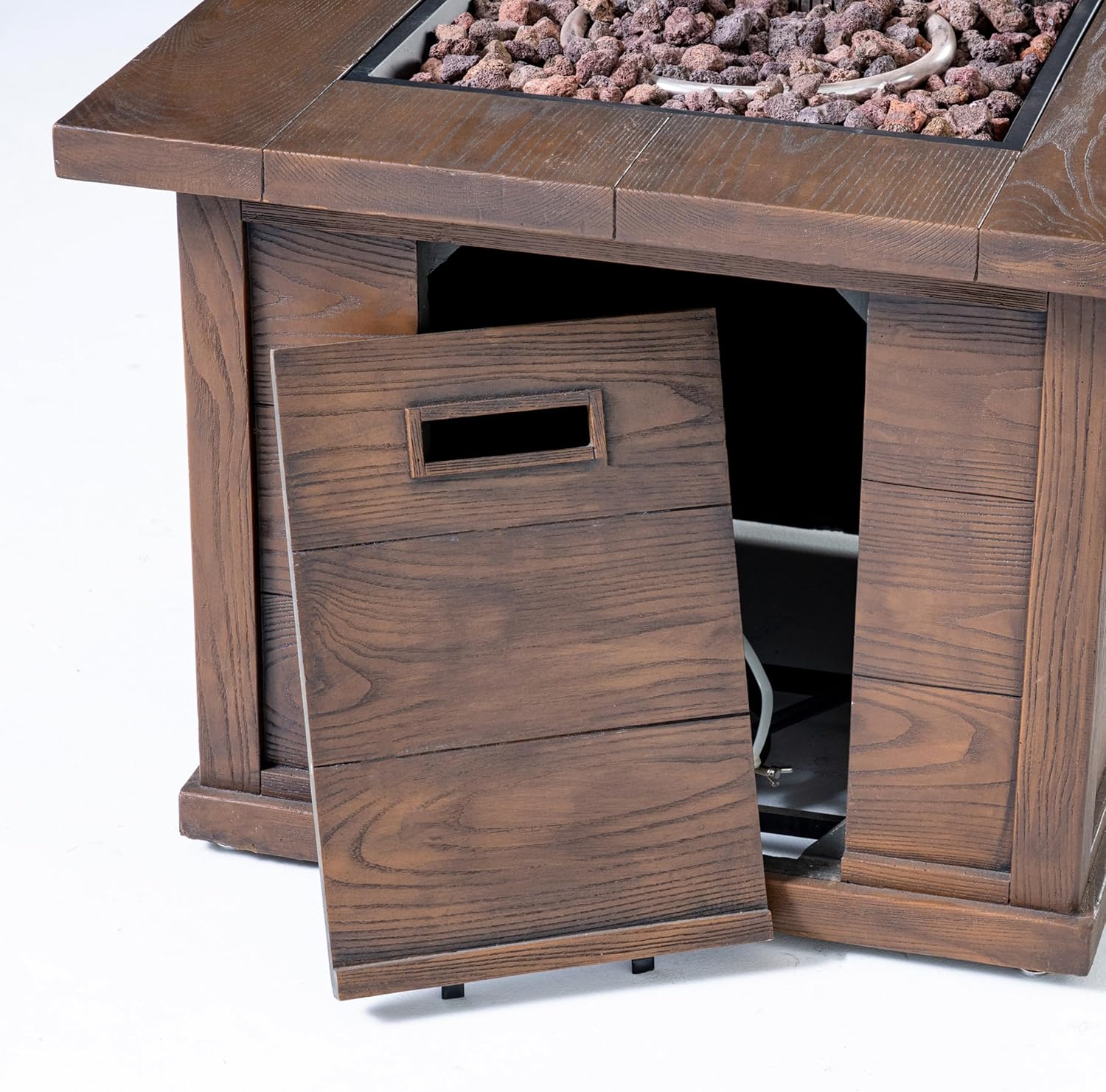 32 Inch Square Propane Fire Pit Table with Built-in Tank Space, 40,000 BTU Outdoor Fire Pit in Brown Wood Pattern, Portable Concrete Composite Fire Pits for Patio Backyard Garden, Only Table - 640K