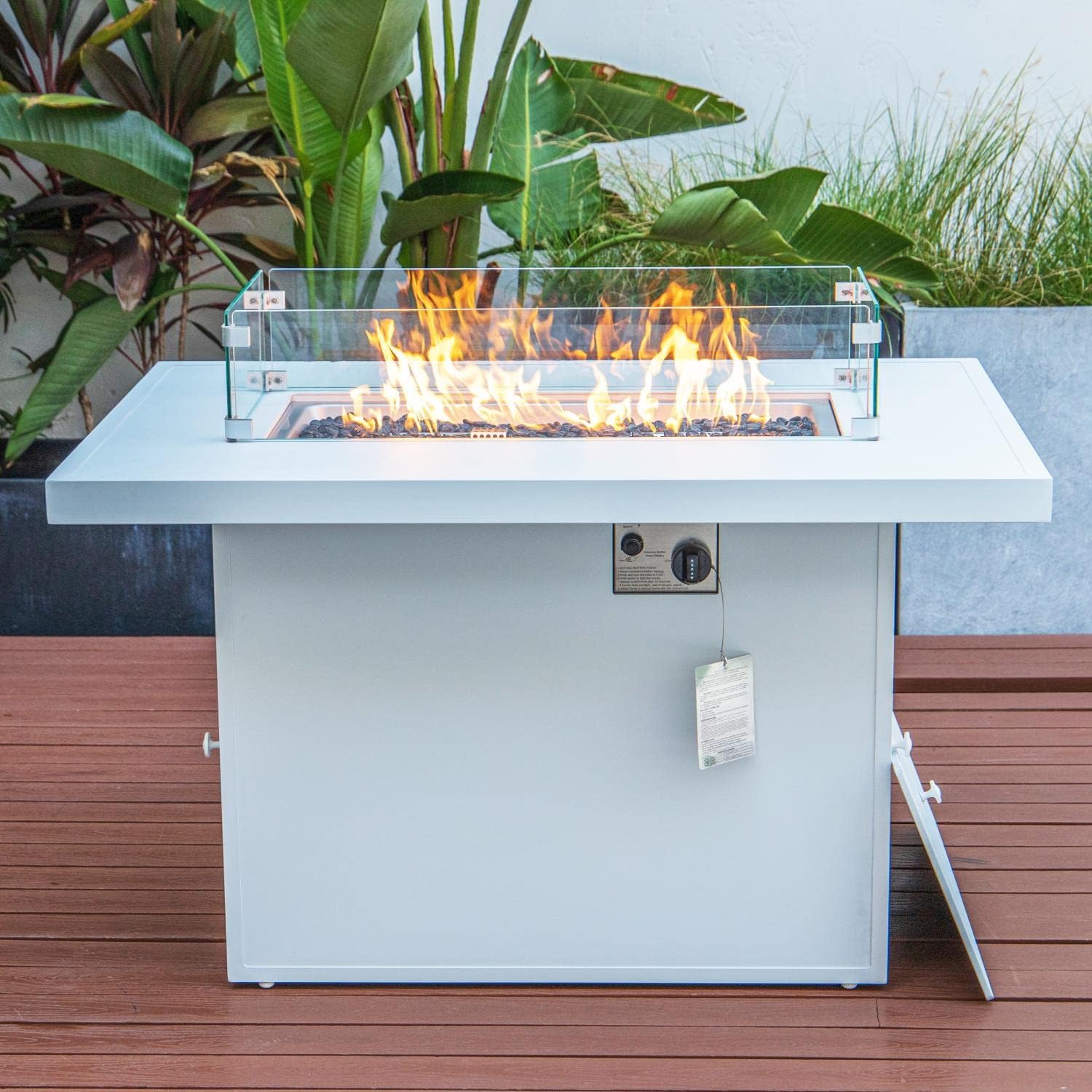 LeisureMod Chelsea Propane Fire Pit 44 Inch 55,000 BTU Auto-Ignition Gas Fire Pit Table with lid, Wind Guard and Decorative Stones Aluminum Frame (White)