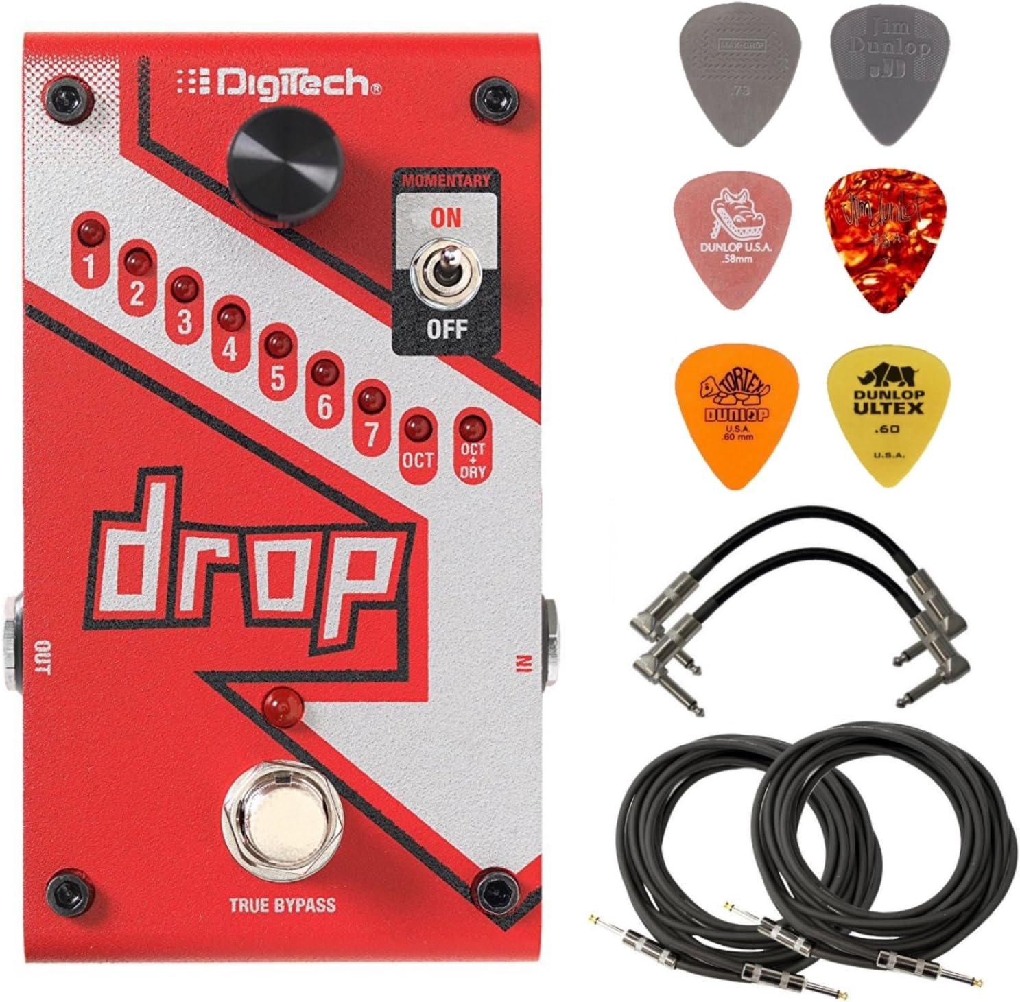 Digitech DROP Polyphonic Drop Tune Pitch-Shifter Pedal Bundle with 2 Patch Cables, 2 Instrument Cables, and 6 Dunlop Picks