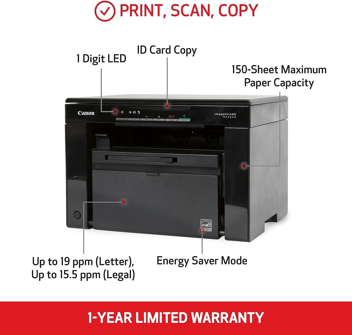 Canon imageCLASS MF3010 VP - Wired Monochrome Multifunction Laser Printer with Scanner, Copier, USB Cable Included, Up To 2,300 Page Toner Yield in Box, 19 PPM, Black