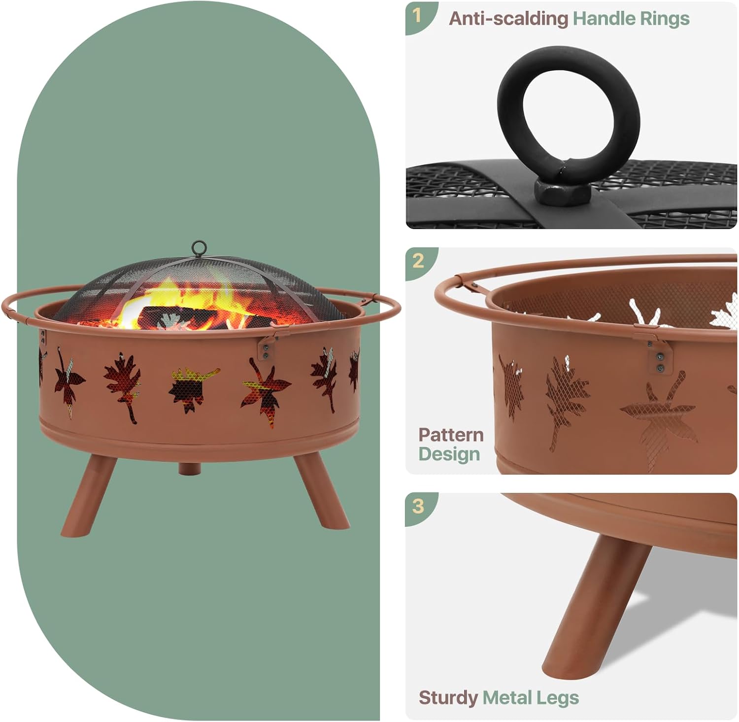 Outdoor Fire Pit with Leaf Cutout Pattern Design, 32