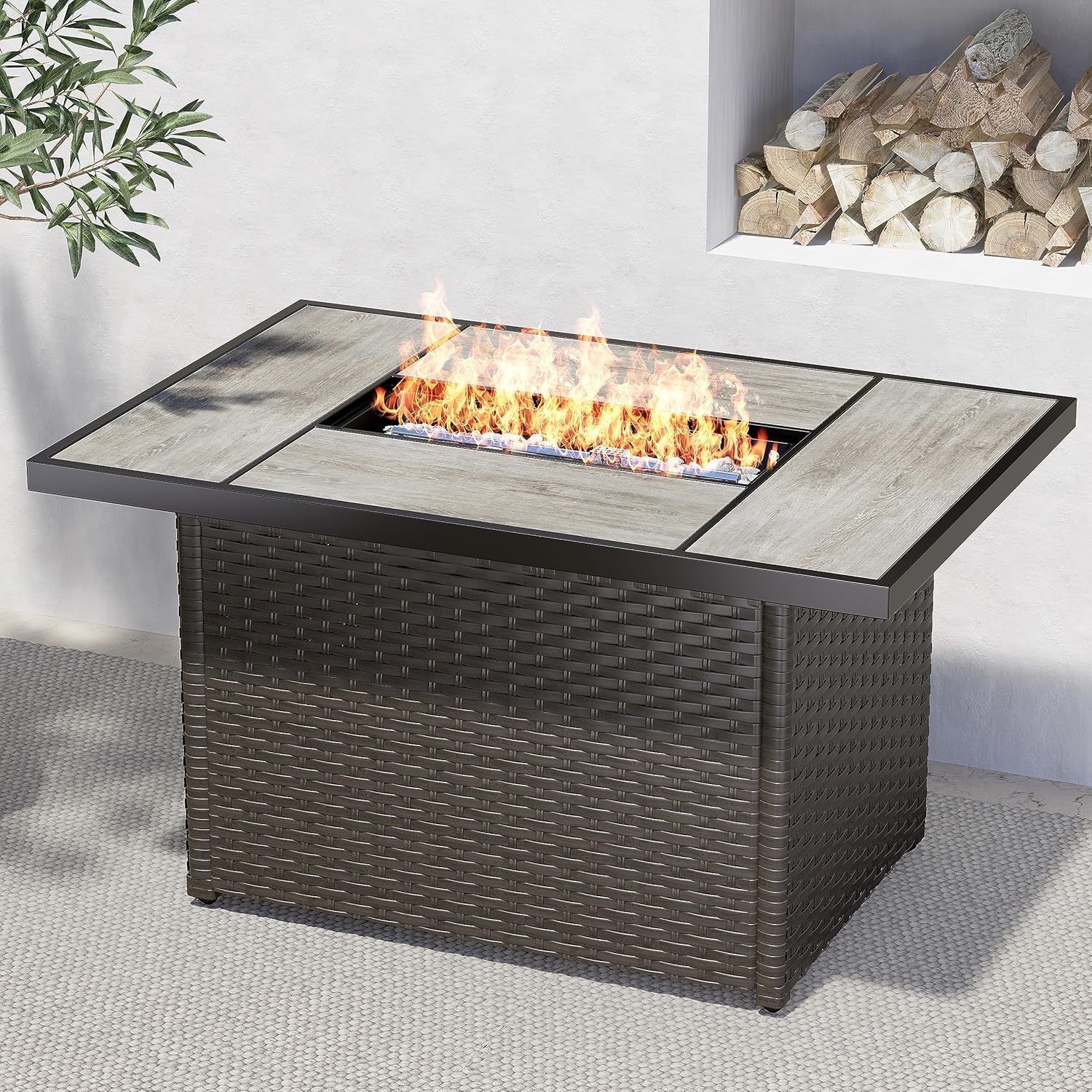 Grand Patio Outdoor 43-Inch CSA Safety Approved Gas Fire Pit Table 60,000 BTU Rectangle Propane Fire Pit with Ceramic Tile Top and Wicker Base