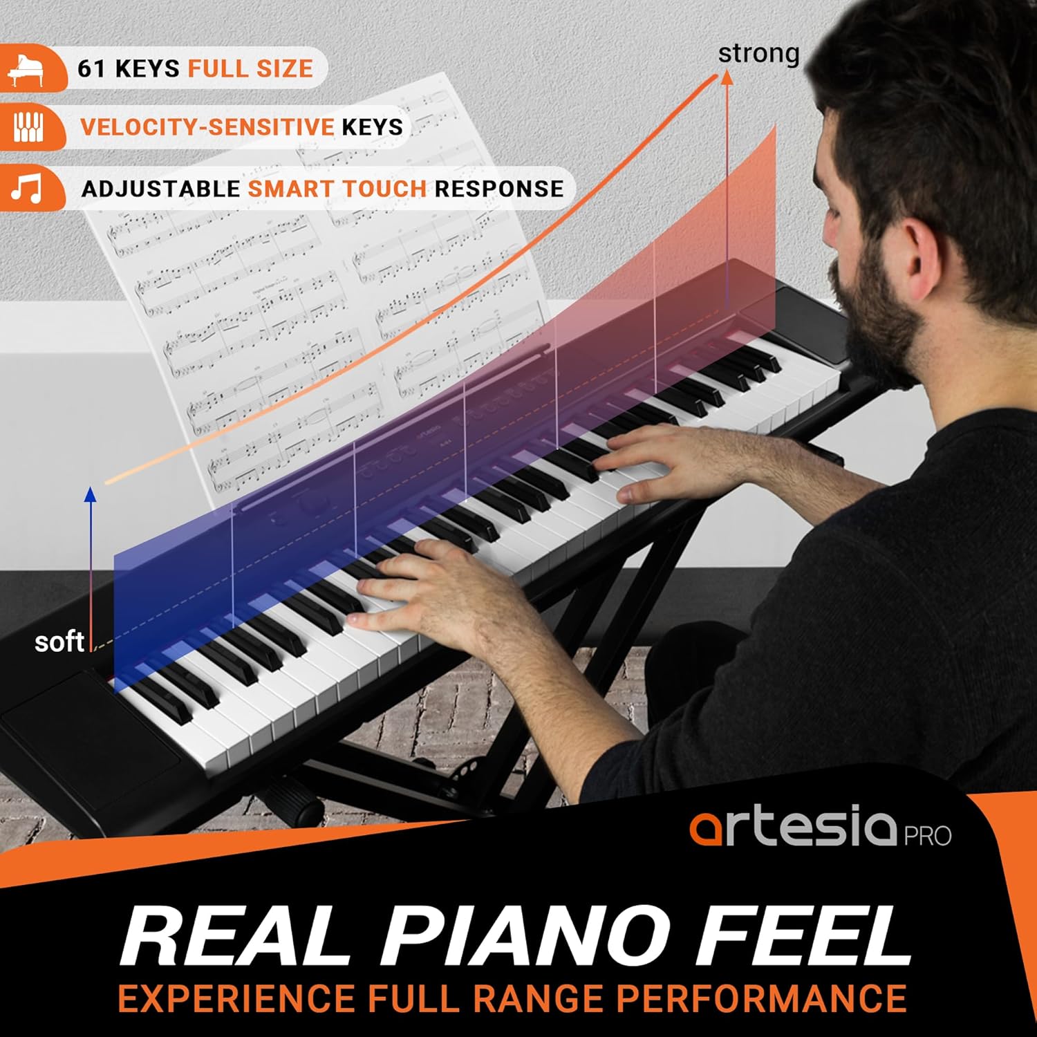 Artesia 61-Key Portable Digital Piano Keyboard with Full-Size Semi-Weighted Keys, Beginners Bundle with Sustain Pedal, Music Rack and Free Melodics Piano Lessons
