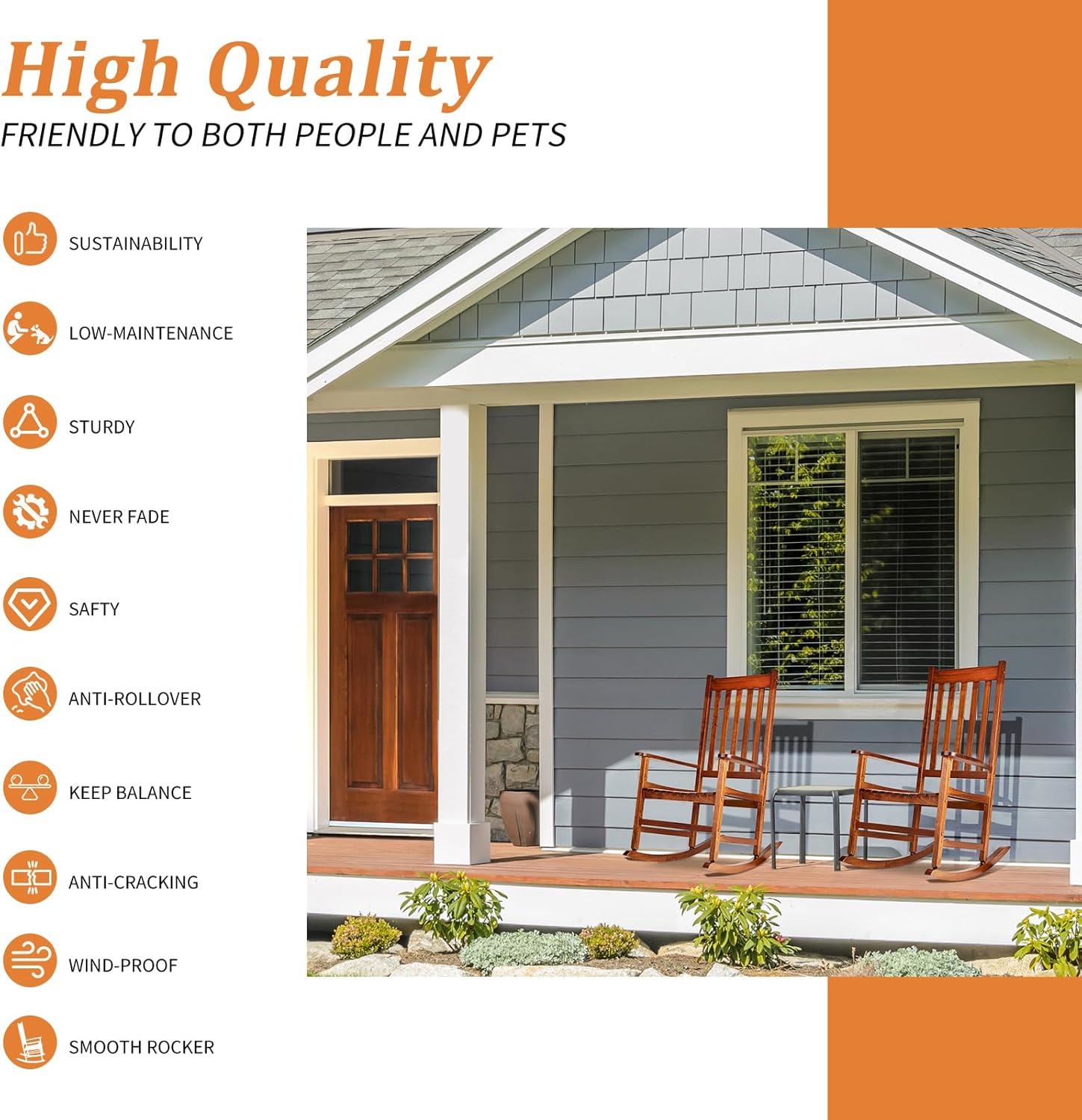 Outvita Outdoor Rocking Chair, Solid Wood High Back Rocker, All Weather Lounge Chair for Porch Patio Fire Pit Garden Backyard Deck Indoor, Natural