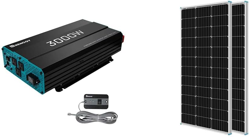 Renogy 3000W Pure Sine Wave Inverter 12V DC to 120V AC Converter & 2PCS 100 Watt Solar Panels 12 Volt Monocrystalline, High-Efficiency Module PV Power Charger, 2-Pack Compact Design