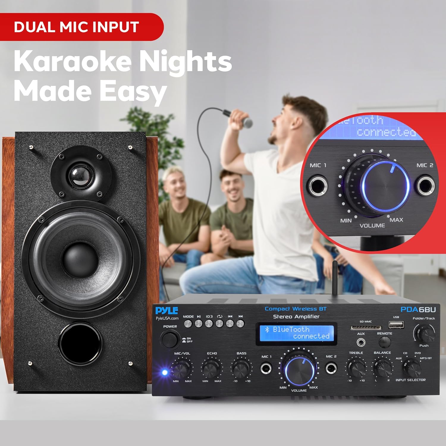 Pyle Wireless Bluetooth Power Amplifier System - 200W Dual Channel Sound Audio Stereo Receiver w/ USB, SD, AUX, MIC IN w/ Echo, Radio, LCD - For Home Theater Entertainment via RCA, Studio Use - PDA6BU