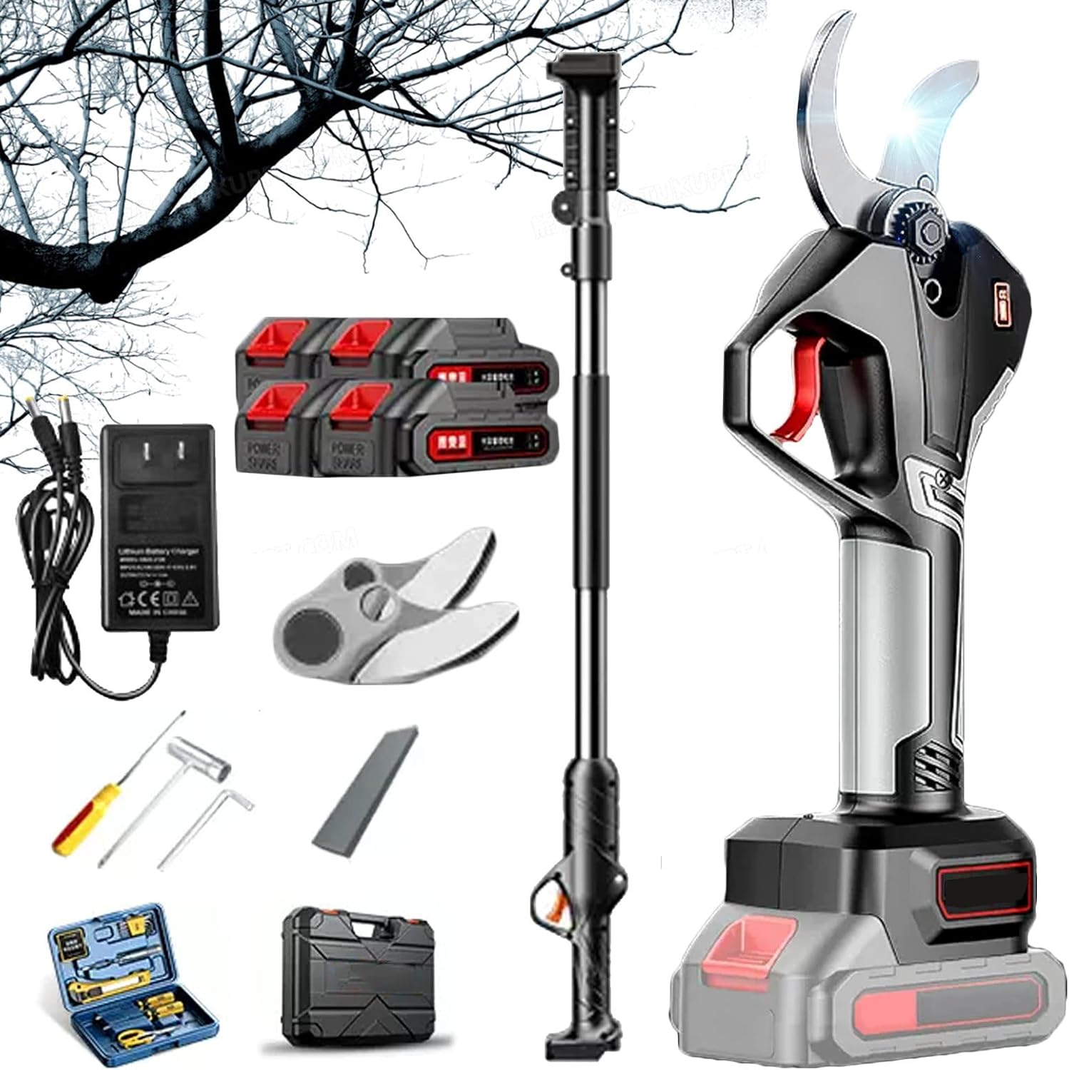 Electric Pruning Shears for Cutting Materials Cordless Telescopic Pruner 50Mm Cutting Diameter, LCD Display Screen Tree Branch Flowering Bushes Electric Pruning Shears Fruit Tree Bushes Trimmer