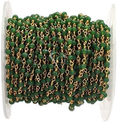 JEWELZ green emerald hydro rosary gemstone chain, 3-4 mm rondelle beads, gold plated bead chain, wire wrapped rosary chain. (hrcg-13)