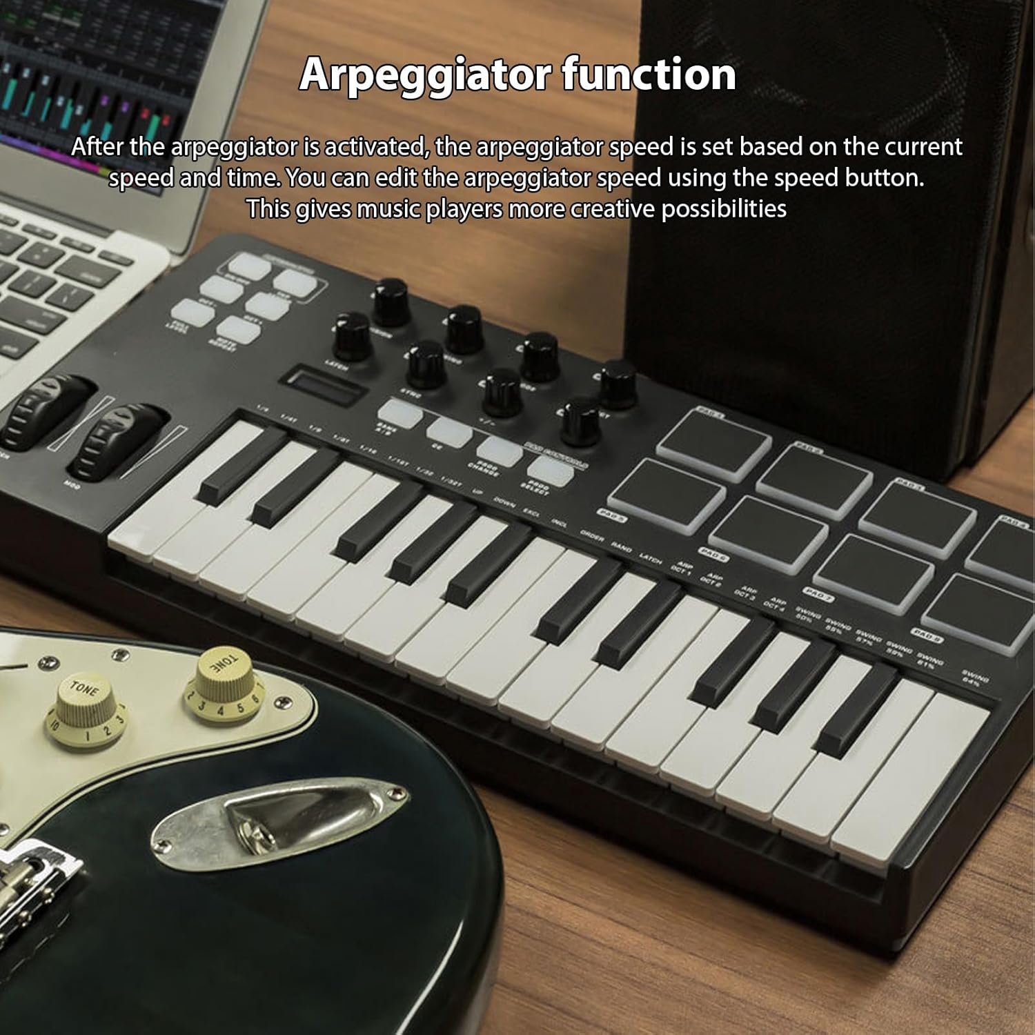 25 Key USB MIDI Keyboard Controller, Integration, Chord Mode Scale Mode, 8 Backlit Drum Pads, Arpeggiator, MIDI Controller for Music Production Software, PC Compatibility