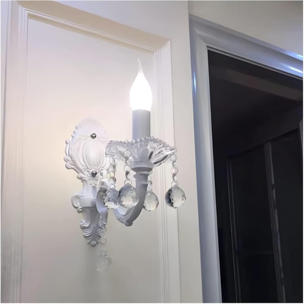 Traditional Crystal Wall Lighting Fixture - White Finish Candle Lamp, Distressed Shabby Chic Design for Farmhouse, Living Room, Staircase & Bathroom Vanity - Antique Style (White 1 Light)