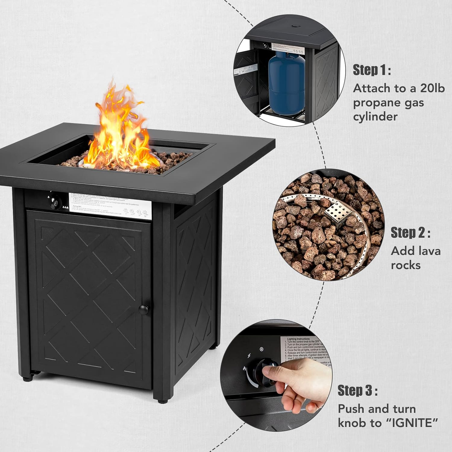 Happygrill Propane Fire Pit Table, 28’’ Outdoor Gas Fire Pit with Lid & Lava Rocks, 50,000BTU Auto-Ignition Fire Table with Adjustable Flame, 2-in-1 Square Fire Pit Table for Patio Backyard Poolside
