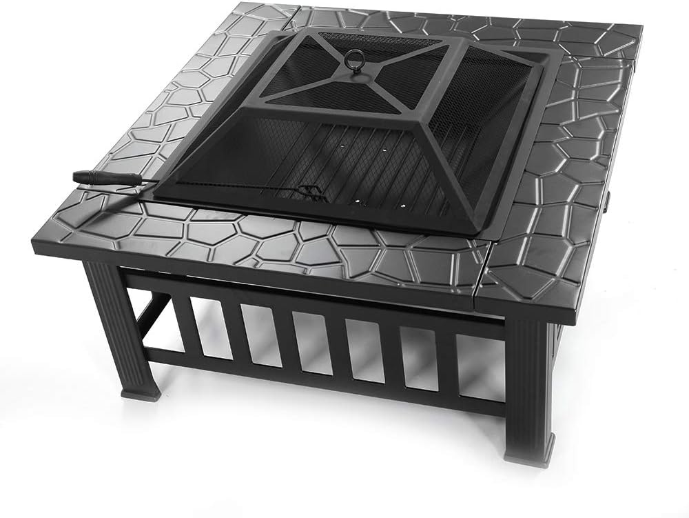 32in Outdoor Metal Firepit Square Table Backyard Patio Garden Stove Wood Burning Fire Pit with Spark Screen, Log Poker and Cover