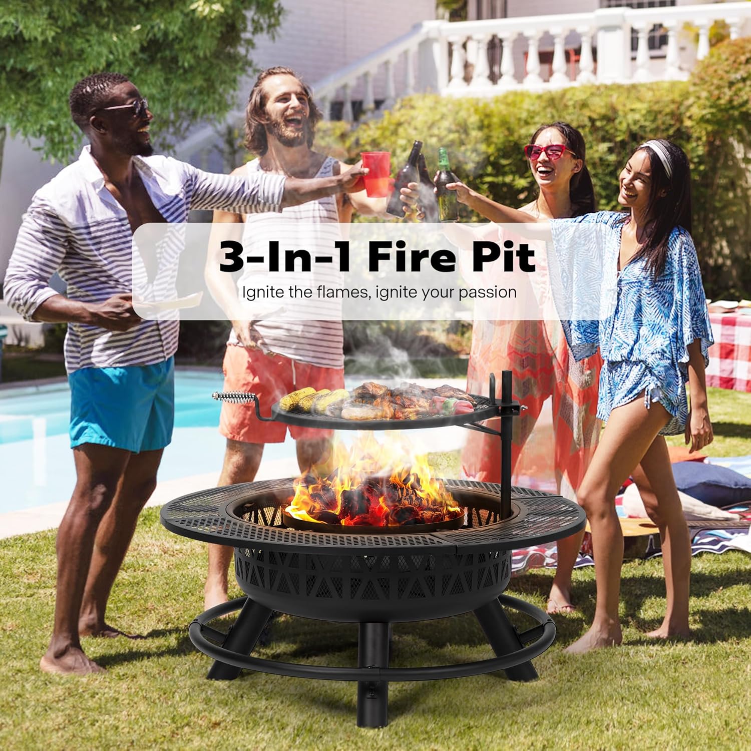 VIVOHOME 35 Inch Fire Pit with Cooking Grill Grate & Charcoal Pan, 3-in-1 Wood Burning Firepits with Cover Lid, Metal Table for Backyard Bonfire BBQ Outdoor Camping Picnic