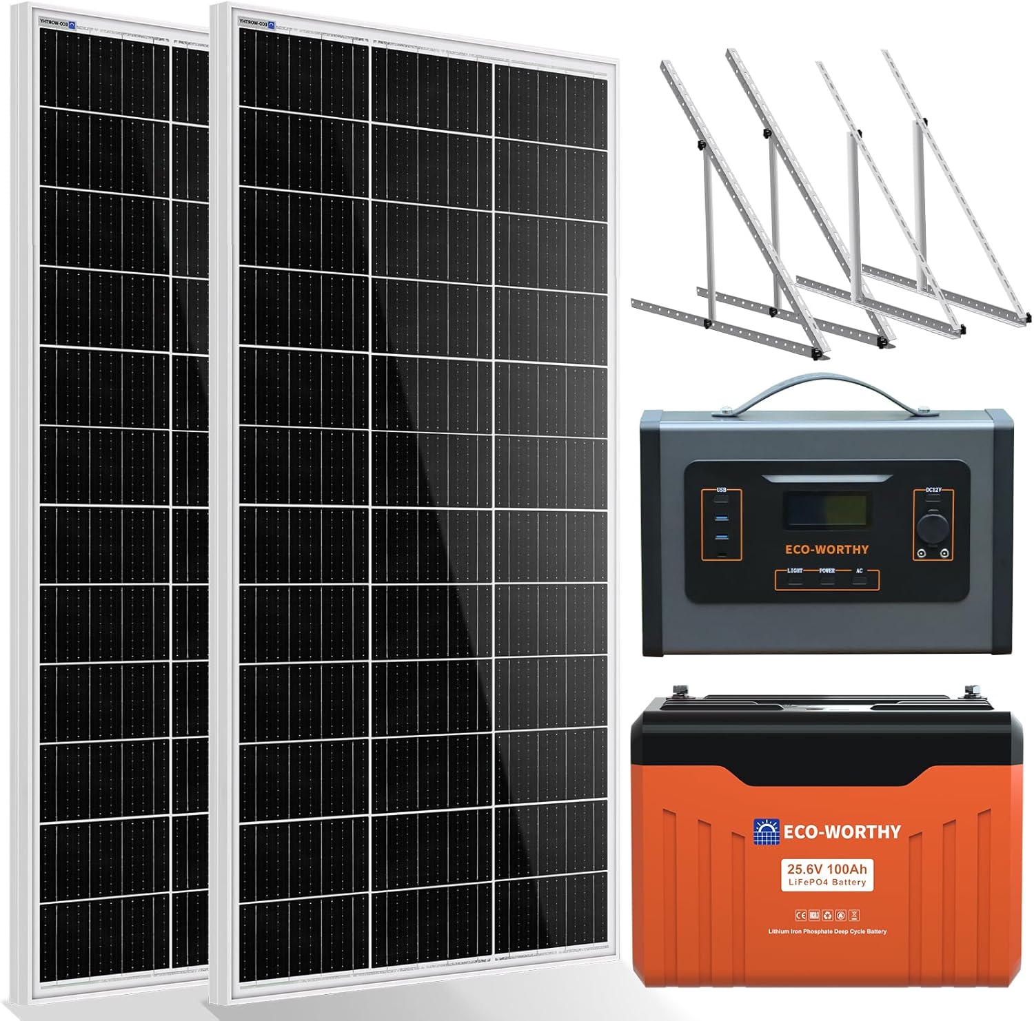 ECO-WORTHY 390W Off-Grid Complete Solar Panel Kit: 24V 2000W 3-in-1 Inverter+2 * 195W Mono Photovoltaic Panel+24V 100AH Bluetooth Lithium Battery+2 * 45inch Adjustable Solar Panel Tilt Mount Brackets