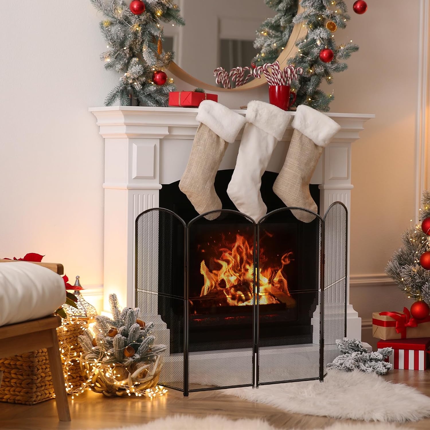 Black Fire Spark Guard Cover Decorative 4 Panel Foldable Fireplace Screen Stand for Home Indoor Fireplace - Protective Cover Guard for Fire Safety ()