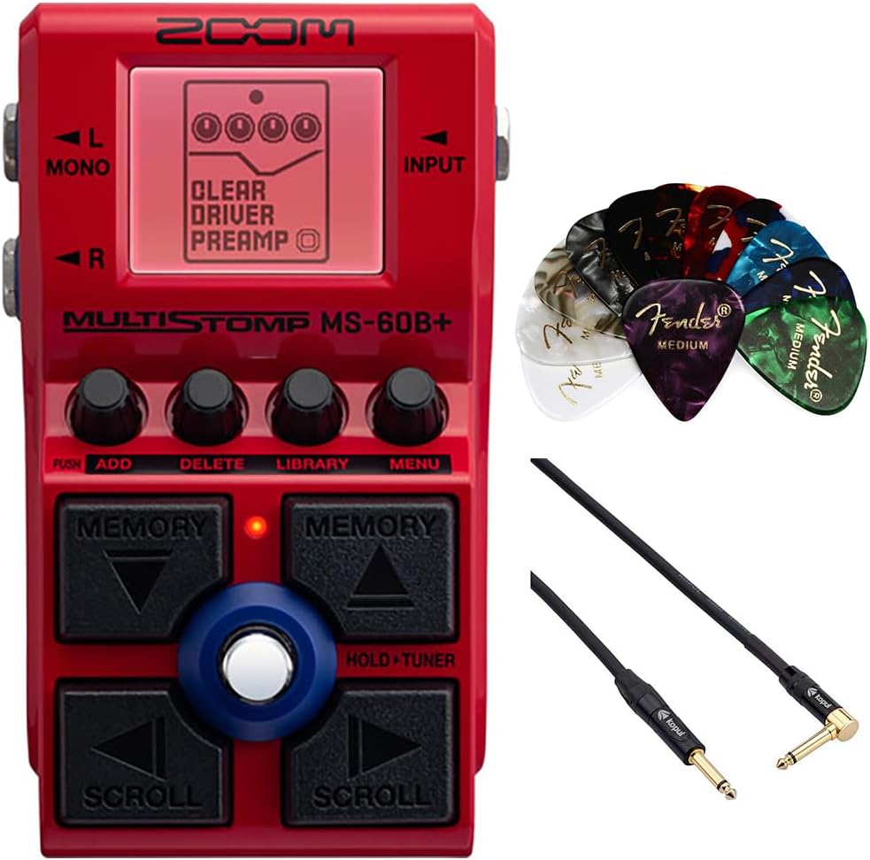 Zoom MS-60B+ MultiStomp Multi-FX Bass Pedal Bundle with Kopul Instrument Cable 10' and Classic Celluloid Guitar Picks 12-Pack