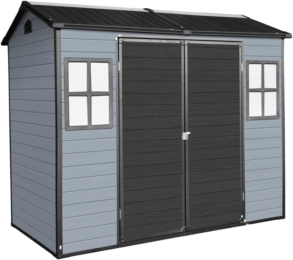 8x4ft Outdoor Resin Garden Shed with Floor and 2 Windows, Plastic Patio Outdoor Storage Shed with Lockable Door for Garden Tools, Bicycles, Trash Cans