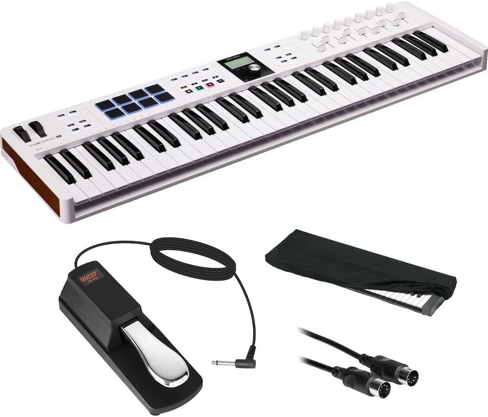 Arturia 231531 KeyLab Essential mk3 61-Key Universal MIDI Controller and Software (White) Bundle with Auray FP-P1L Sustain Pedal, Hosa MID-310 MIDI Cable, and Medium-Size 61-67 Keys Cover for Piano