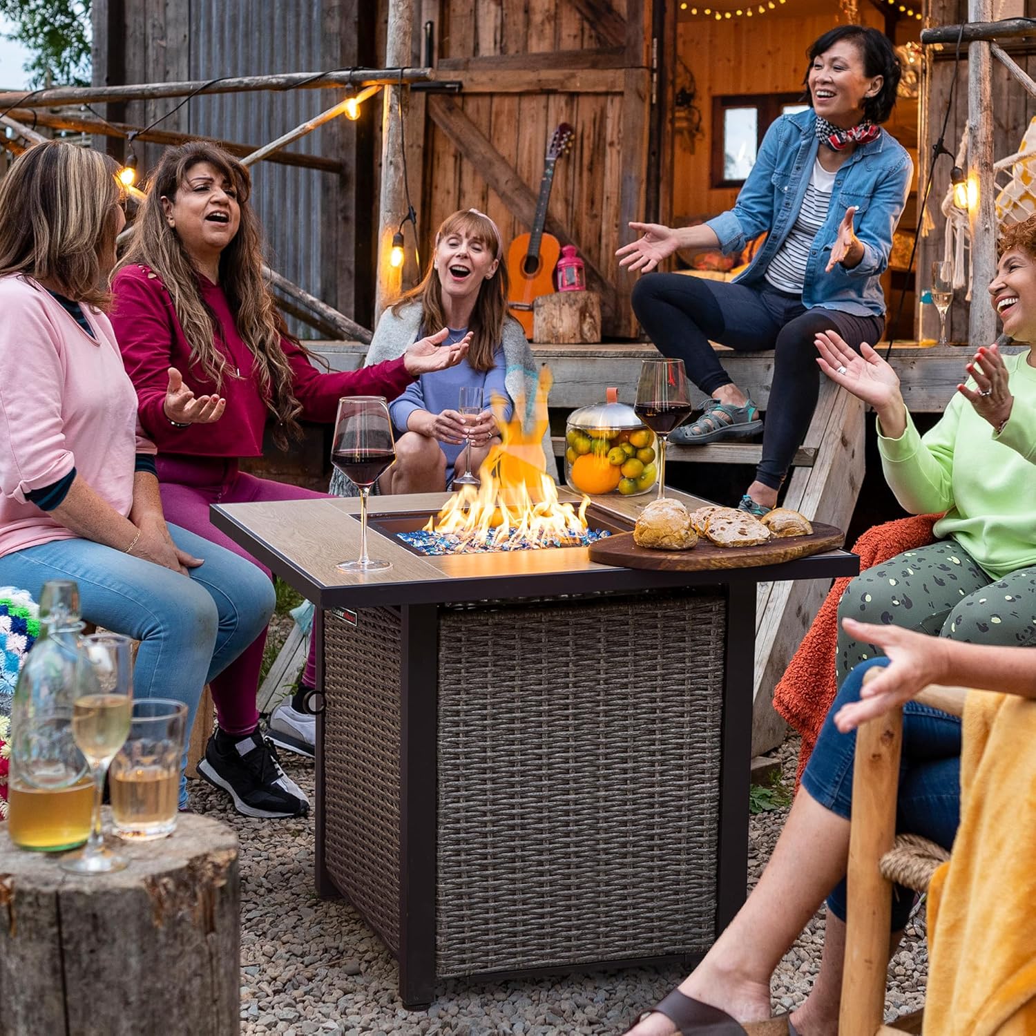 30 Inch Propane Fire Pit Table with Cover, 50,000 BTU Electronic-Ignition Rattan Patio Gas Fire Pit with Lid & Glass Bead, Outdoor Fireplace for Dining or Party, Gray