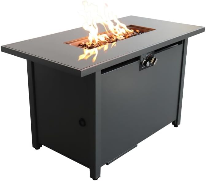 Modern Steel Outdoor Fire Pit Table with Push Button Ignition and Heat Resistant Glass Top for Patio or Deck