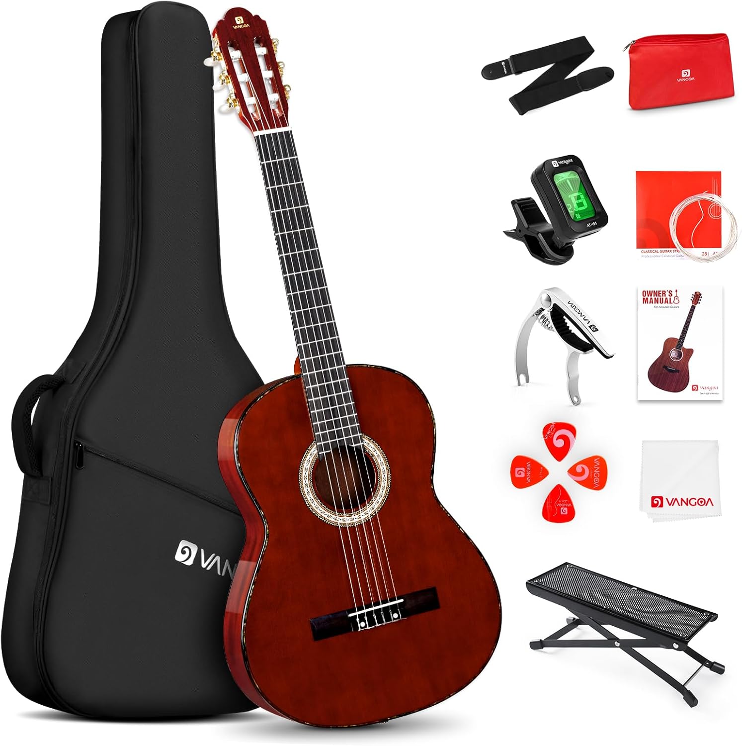 Classical Guitar Full Size 4/4 Spanish Style Classical Guitarra, 39 Inch Nylon Strings Guitar Ideal for Beginner Adults, Solid Rosewood Red, by Vangoa