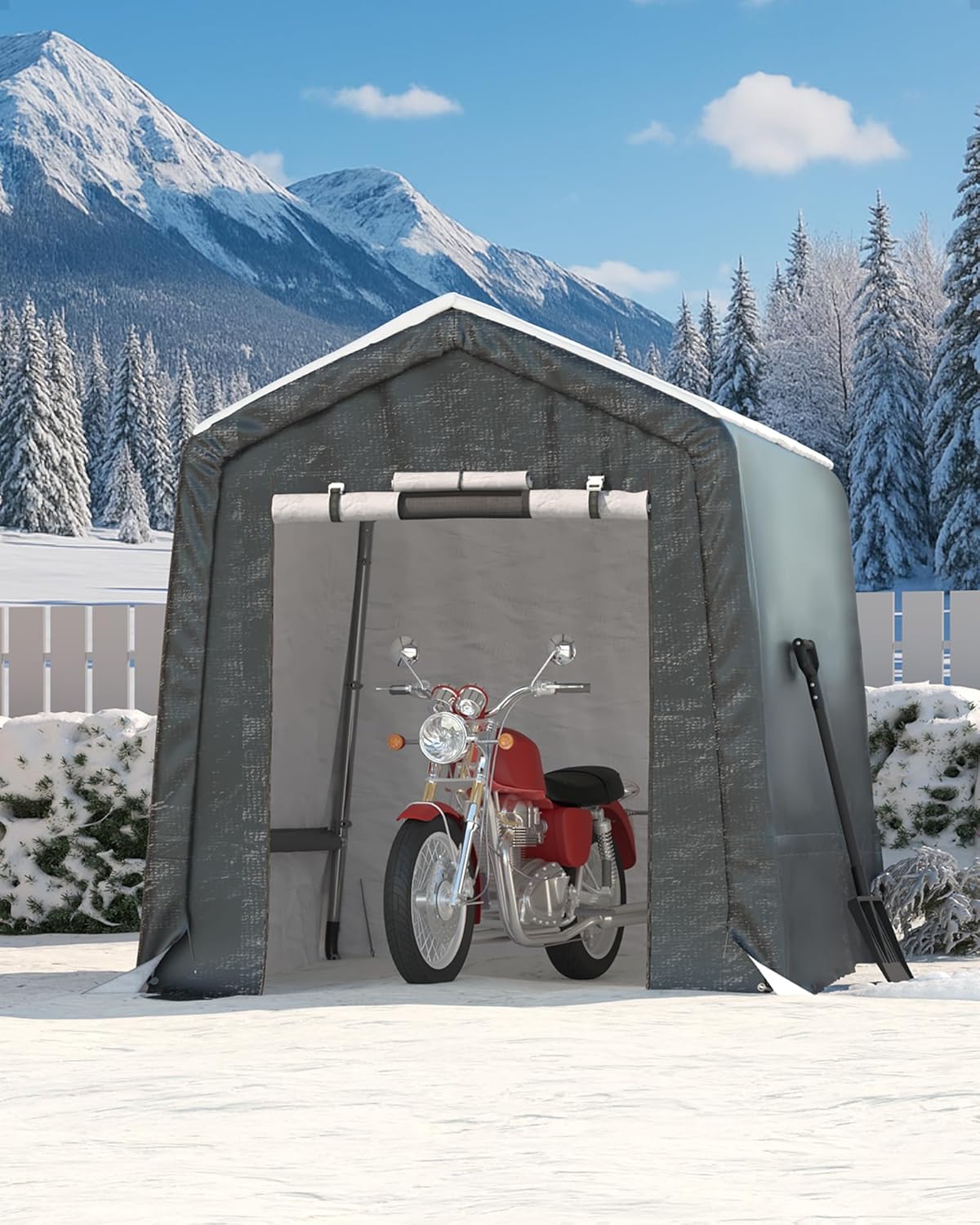 GarveeLife 6x6 ft Outdoor Portable Storage Shed with Roll-Up Door & Vent, 240G Heavy-Duty Shelter Waterproof PE Tarp, UV-Resistant Storage Sheds for Motorcycle, Firewood, Garden and Tools -Gray