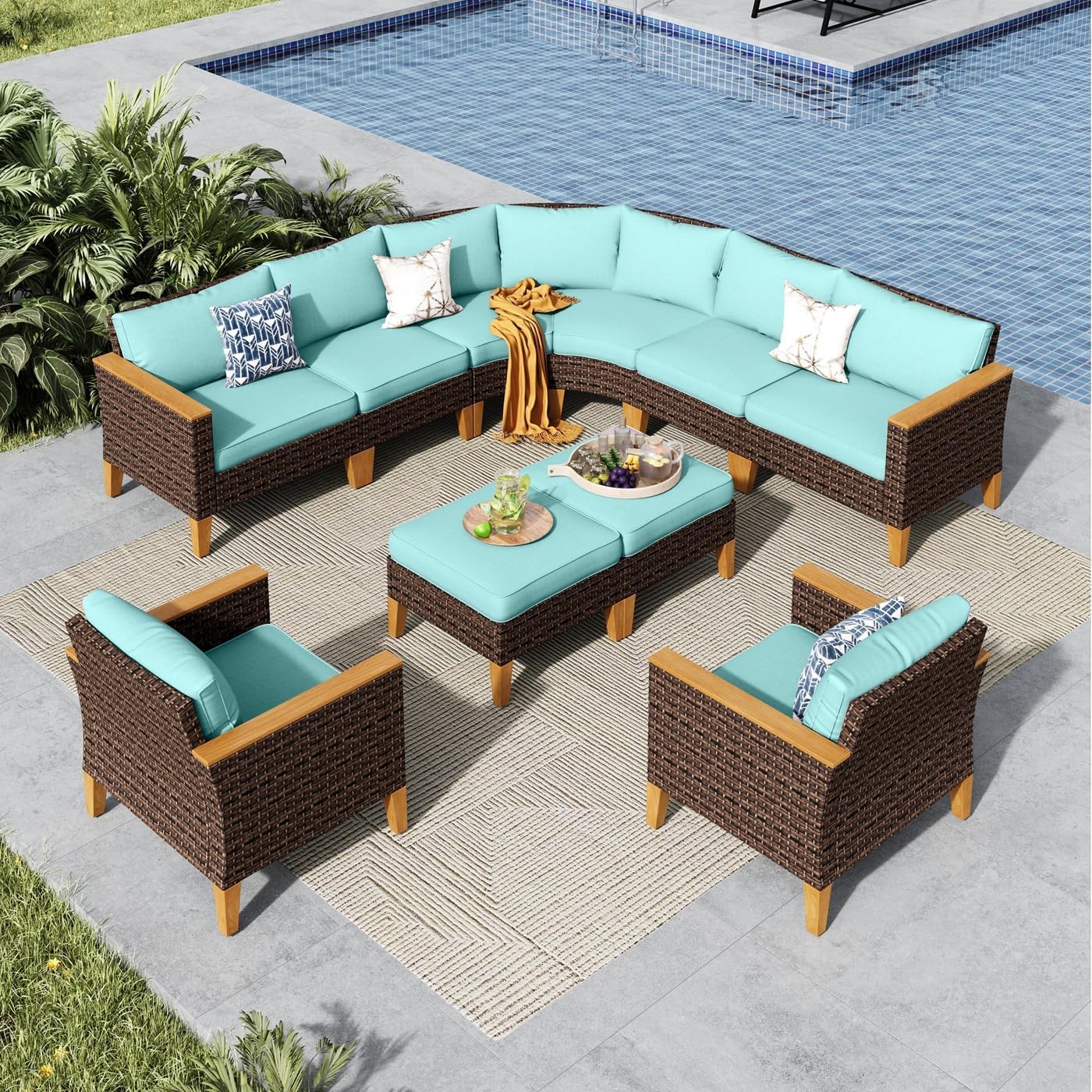MFSTUDIO 10 Pieces Wicker Patio Furniture Set, Rattan Half-Moon Outdoor Sectional Sofa for Garden, 2 x Curved Sofa, 2 x Armless Chair, 2 x Ottoman, 2 x Corner Couch, 2 x Chair(Aqua Blue Cushions)