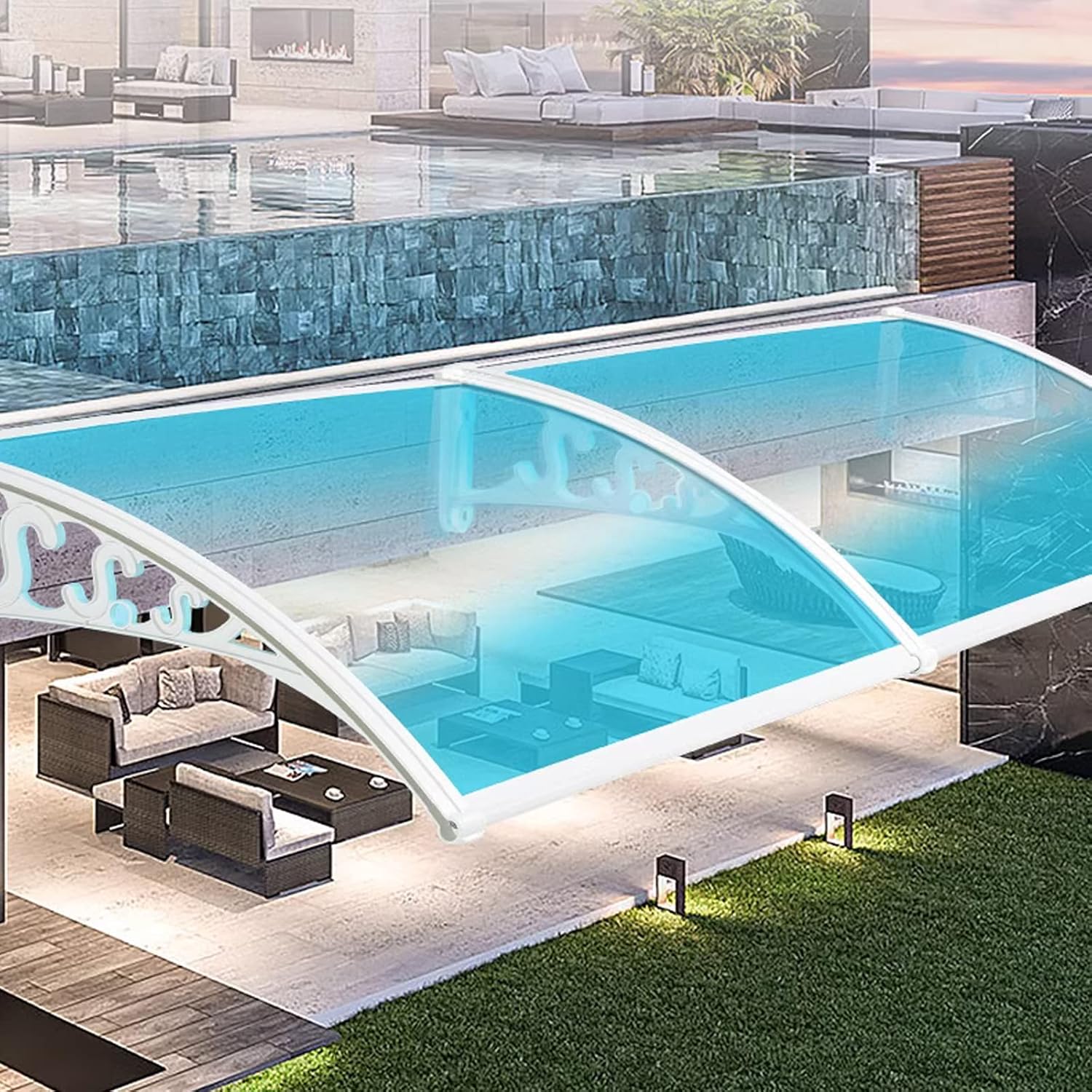 Modern Polycarbonate Front Door Canopy,Blue with White Bracket,Outdoor Canopy,Uv Rain Snow Sunlight Protection Solid Sheet,Door Patio Canopy Aluminum Frame,Soundproofing (47