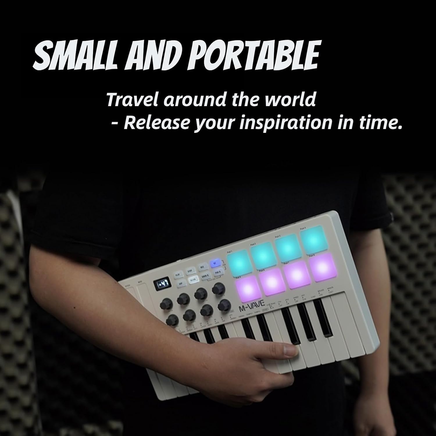 MIDI Keyboard Controller 25 Keys, AIO Rechargeable MIDI Keyboard with 8 Backlit Drum Pads 8 Knobs Beat Maker Universal Multisystem Compatibility MIDI Controller for Music