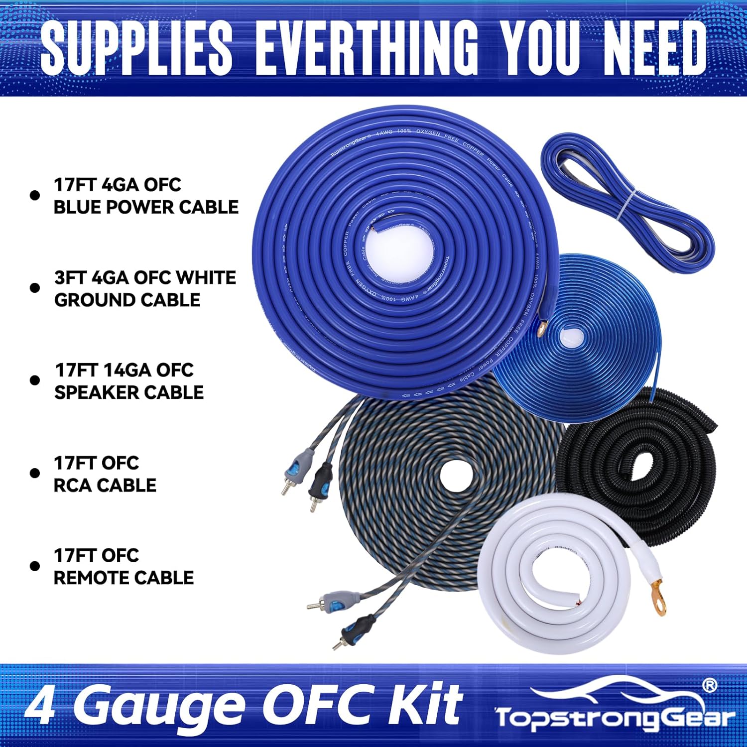 TOPSTRONGGEAR 4 Gauge OFC Amp Kit Car Audio Amplifier Wiring Install Kit with RCA Cables, 150A Fuse, 17FT Power Cable – 4 OFC Complete Subwoofer Installation Kit for Car, Truck, Marine Stereo Systems