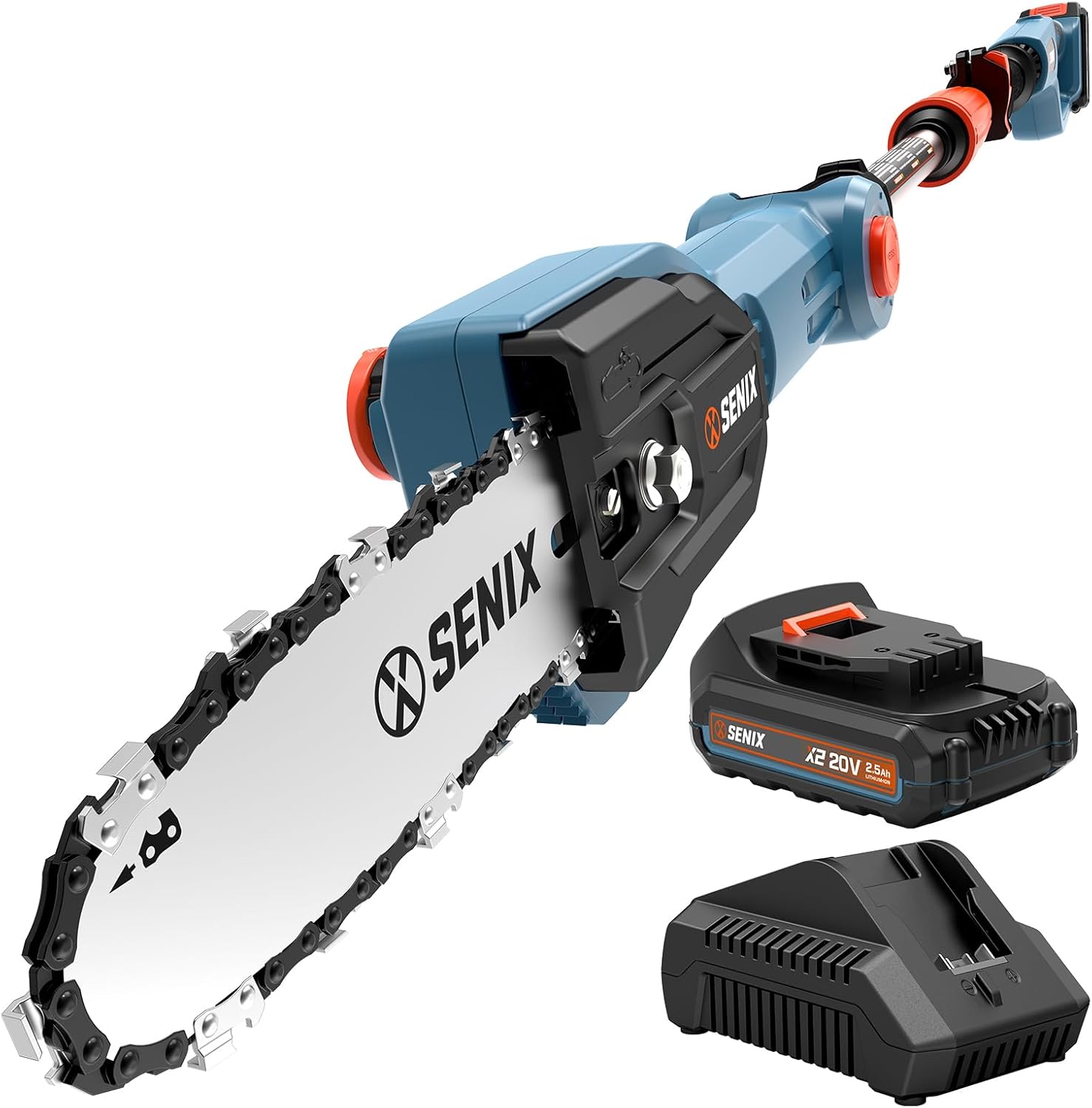 SENIX 20V Cordless Pole Saw, 8 Inch Telescopic Electric Pole ChainSaw with Articulating Head, 2.5Ah Battery & Charger Included for Tree Trimming, Pruning, and Cutting