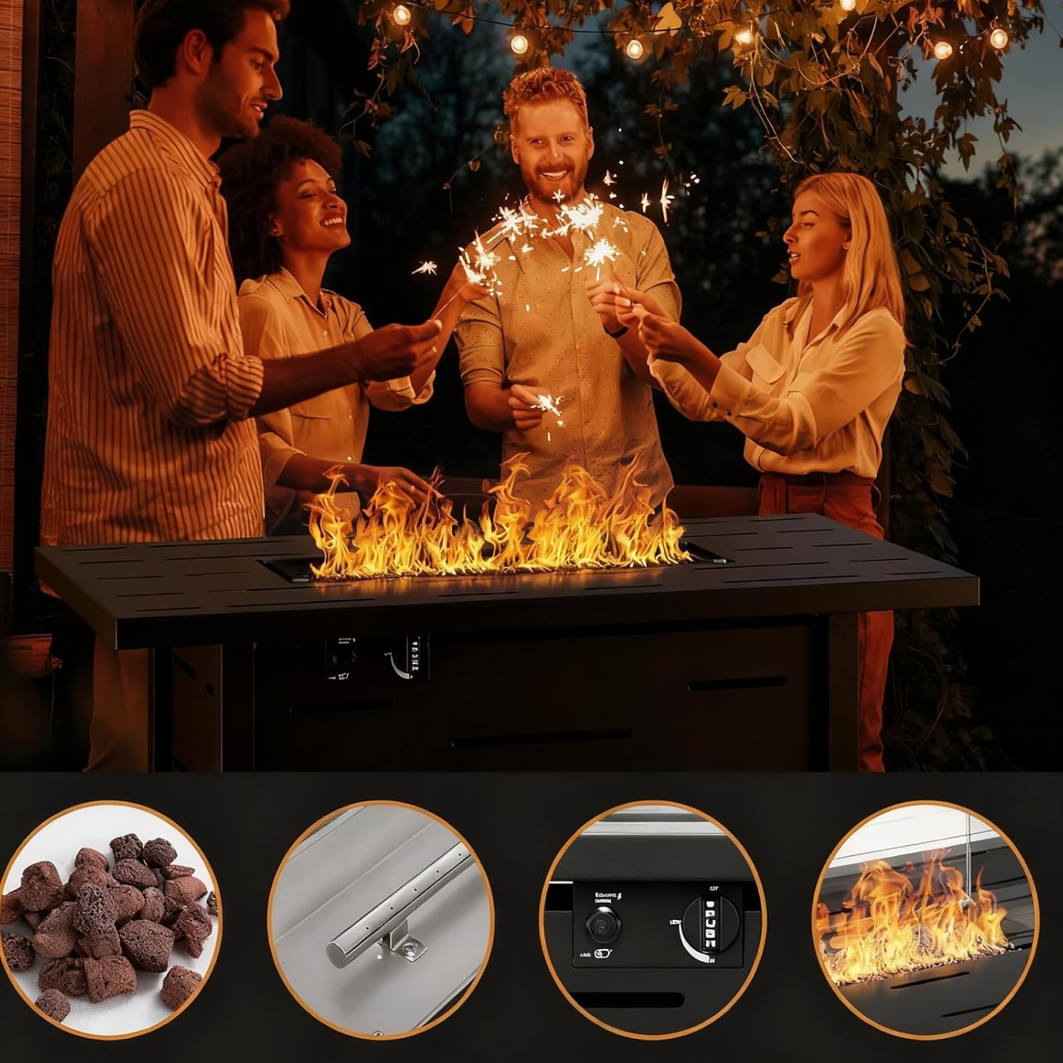 43 Inch Propane Fire Pit Table, 50,000 BTU Steel Gas Fire Pit with Steel Lid & Lava Rocks, 2-in-1 Outdoor Fire Table for Patio, Deck, Garden & Backyard, Black