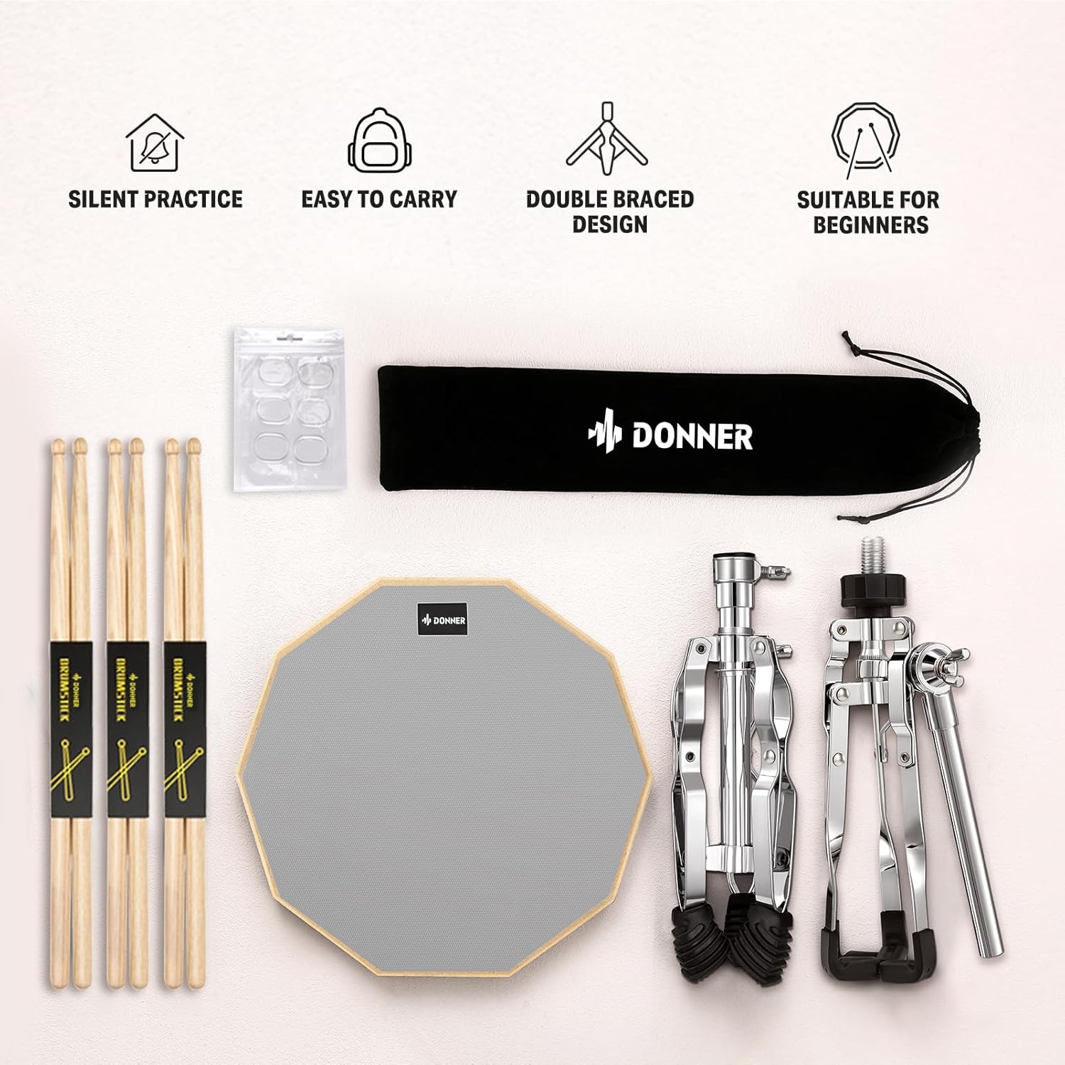 Donner Snare Drum Stand Set with Drum Practice Pad, 12'' Double-sided Silent Drum Pad set, Drumsticks, Backpack Adjustable Stand Fits 10''-14'' Dia Drums