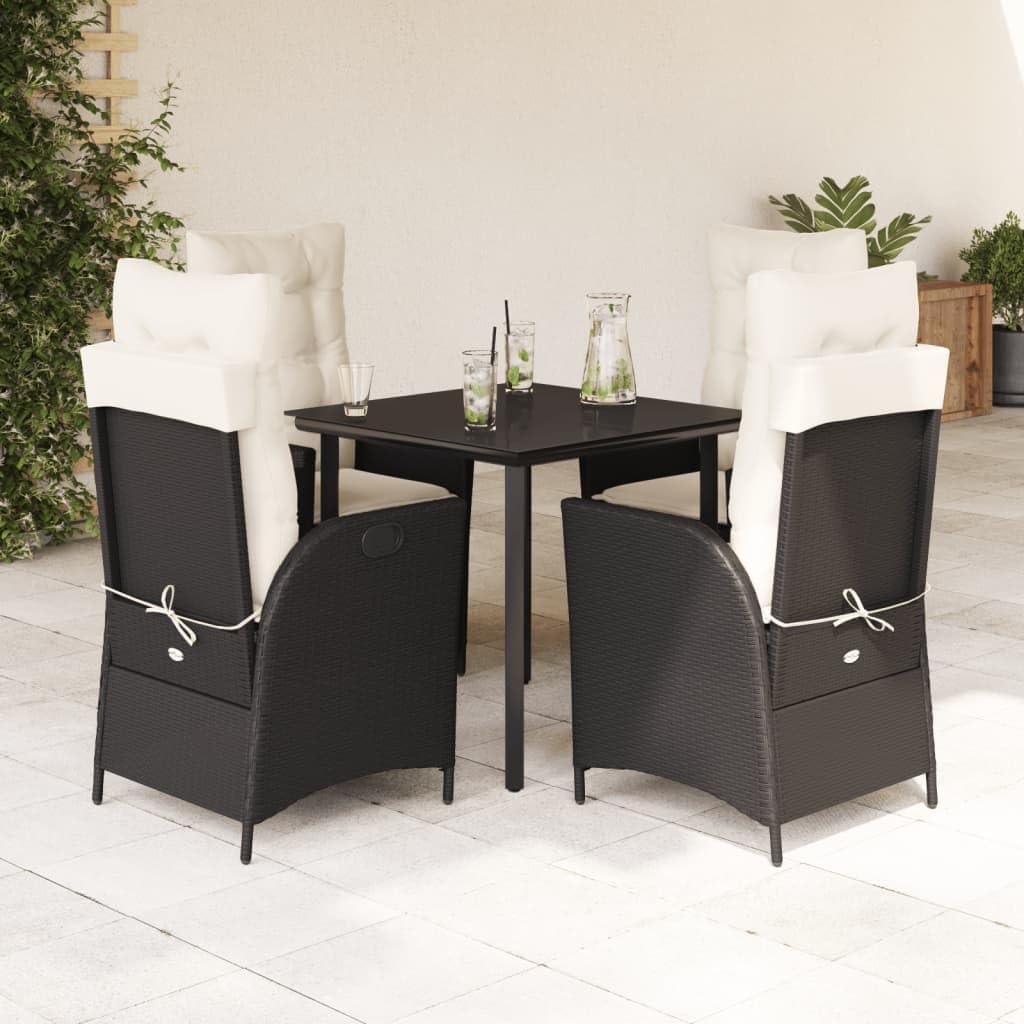 Furniture Sets 5 Piece Patio Dining Set with Cushions Black Poly Rattan,Outdoor Garden Dining Set with Adjustable Backrest Armrest Chairs and Tempered Glass Table Garden Conversation Sets