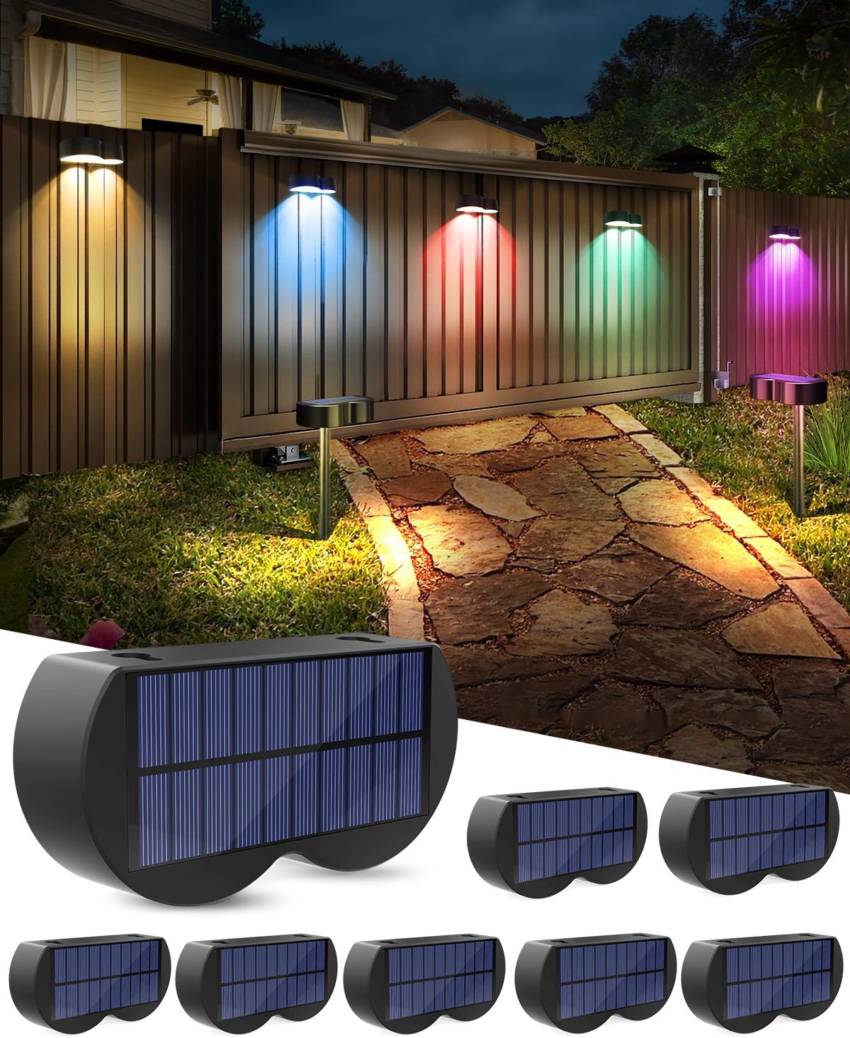 2-in-1 Solar Lights Outdoor 8 Pack with Ground Stakes, RGBWW 10 Fixed Colors & 5 Modes, Waterproof IP65 Solar Landscape Lighting for Outside Garden Lights for Walkway Driveway