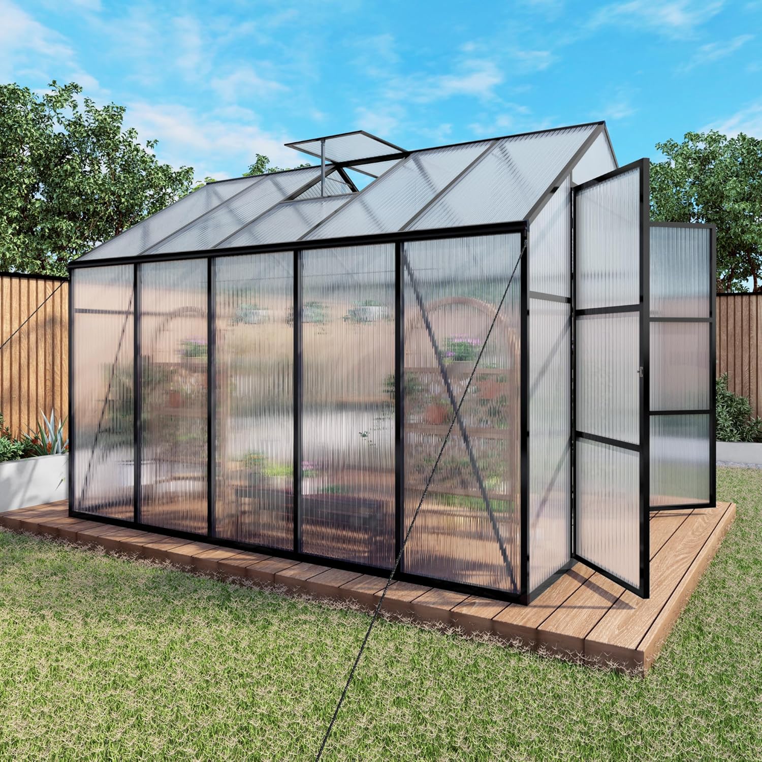 8'x10' Heavy-Duty Aluminum Frame Polycarbonate Walk-in Greenhouse – All-Season Outdoor Garden Backyard Greenhouse Kit with UV Protection, 70% Light Transmission & Integrated Drainage System