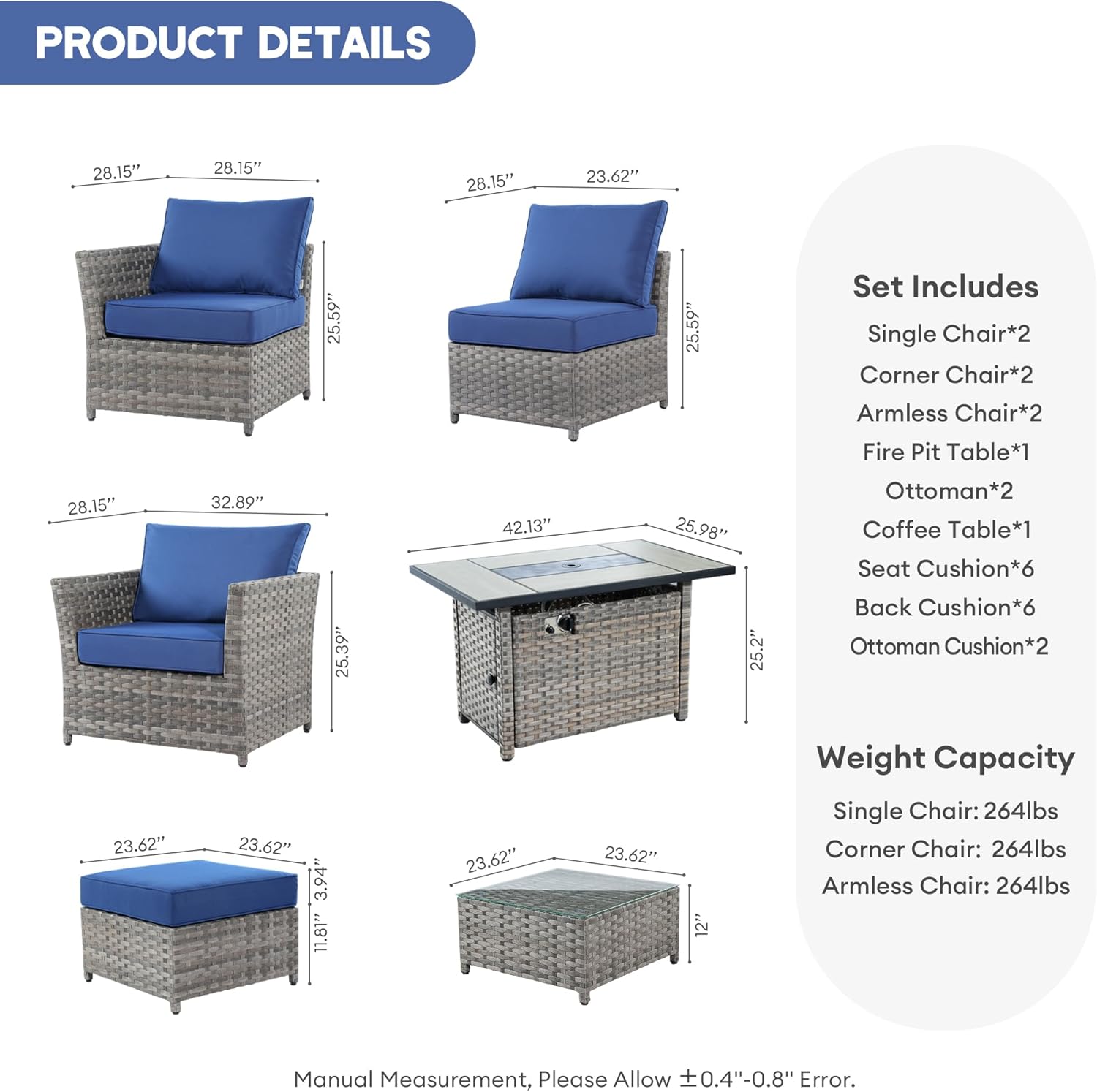 Outdoor Patio Furniture Set, 10 Pieces PE Wicker Patio Conversation Set with Rectangular Propane Fire Pit Table for Gathering (Navy Blue)