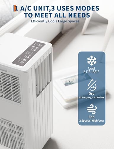 8000 BTU Portable Air Conditioner for Rooms up to 350 Sq. Ft, 3-in-1 Cooling, Dehumidifier & Fan with Quiet Operation, Efficient Cooling, Sleep Mode, 24-Hour Timer & Remote Control, White