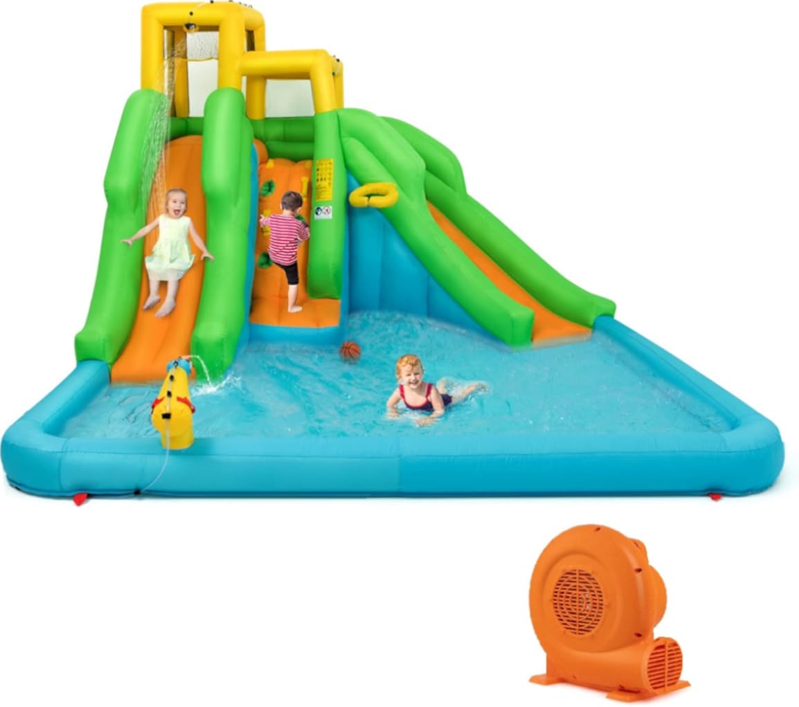 OLAKIDS Inflatable Water Slide, 6 in 1 Bounce House with 2 Slides, Climbing Wall, Splash Pool, Basketball Rim, Water Gun, Outdoor Water Park with Carrying Bag, Hose, 550W Blower