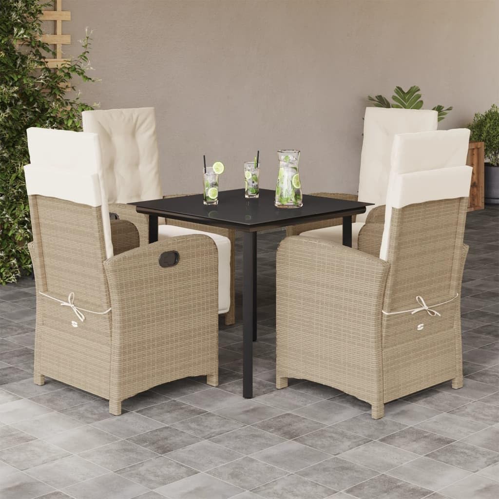5 Piece Patio Dining Set with Cushions Beige Poly Rattan,Premium Rattan Patio Dining Set with Adjustable Reclining Chairs for Outdoor Comfort Furniture Sets for Patio, Lawn & Garden