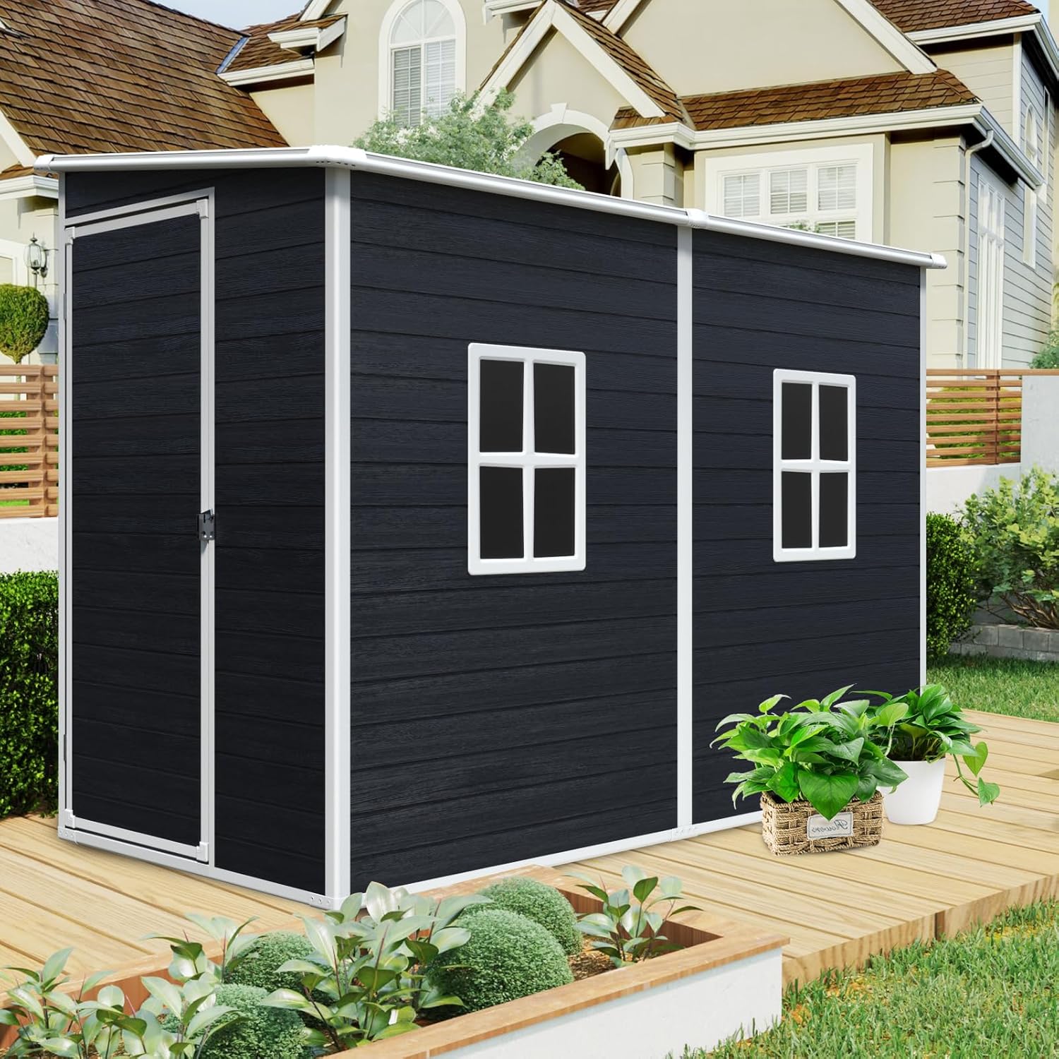 KEIKI 4x8 FT Outdoor Storage Shed Resin Cabinet with Lockable Doors,Two-Window for Bikes and Patio Lawn Furniture