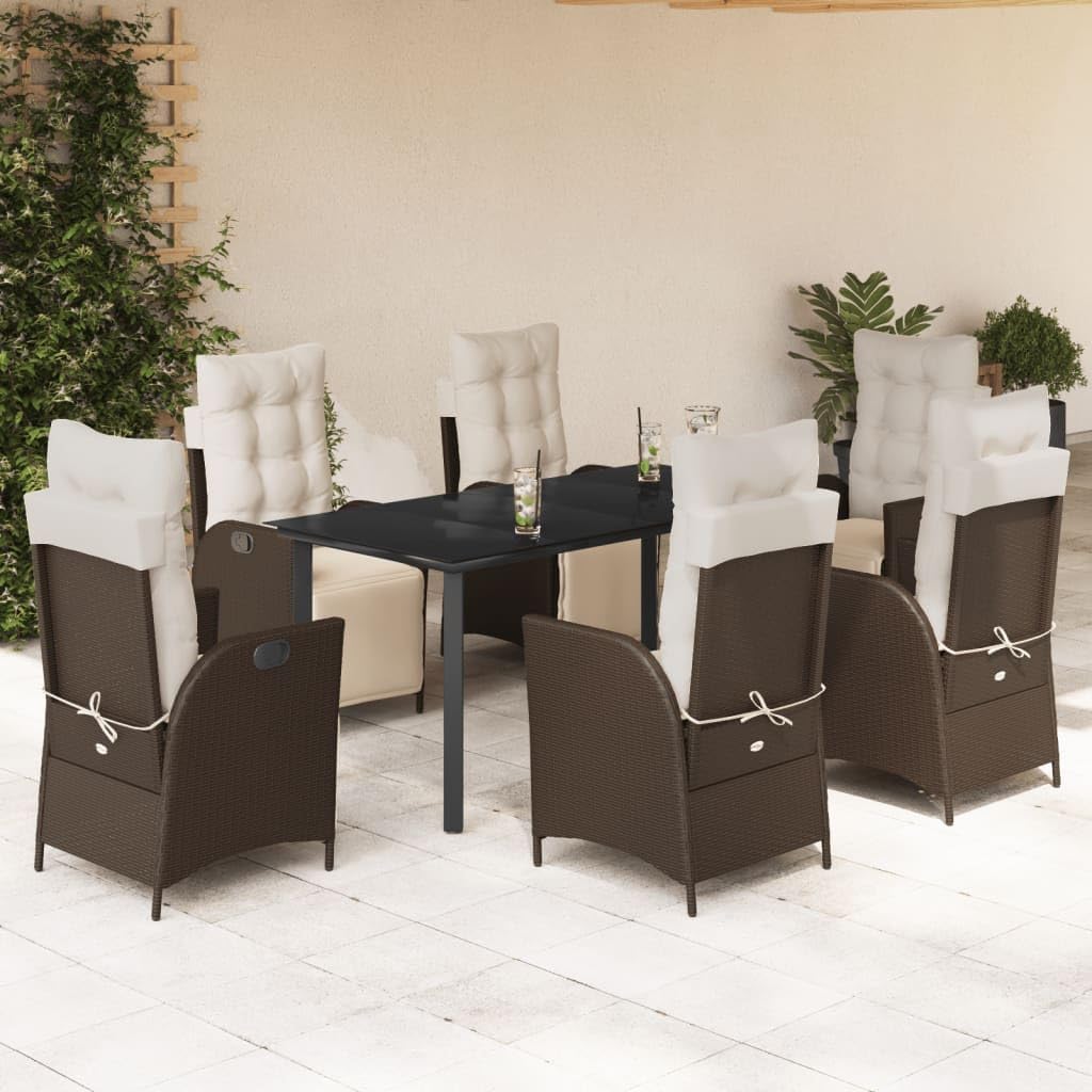 Furniture Sets 7 Piece Patio Dining Set with Cushions Brown Poly Rattan,Versatile Garden Dining Set with Adjustable Backrest and Footrest for Outdoor Relaxation Garden Conversation Sets