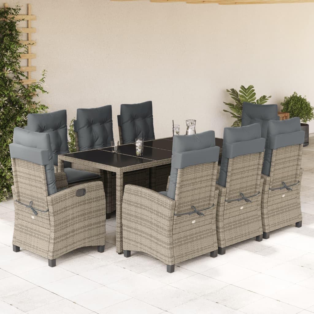 Furniture Sets 9 Piece Patio Dining Set with Cushions Gray Poly Rattan,Outdoor Patio Dining Set with Reclining Garden Chairs and Comfortable Seat Cushions Garden Conversation Sets