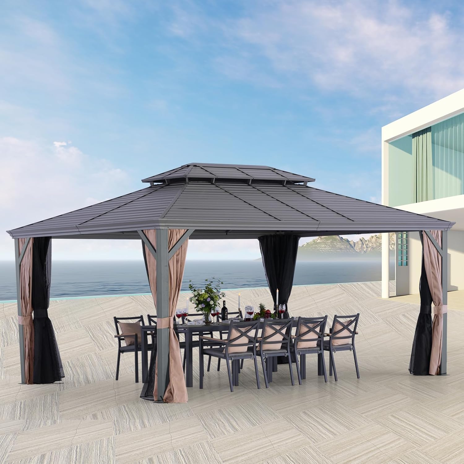 LeDoasis Nova 12' X 16' Permanent Hardtop Gazebo, Aluminum Metal Canopy with Galvanized Steel Double Roof, for Patio Lawn and Garden, Breathable Netting & Privacy Curtain Included